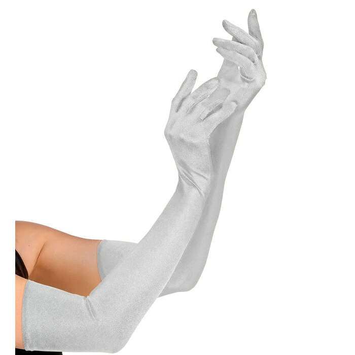 Silver Long Elastane Satin Gloves 60 Cm