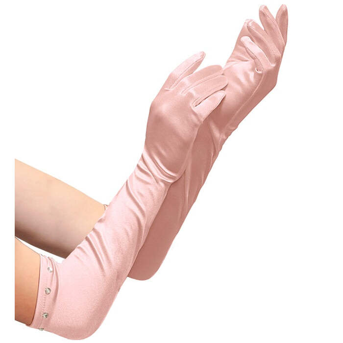 Pink Long Satin Gloves With Strass Trim Child Size