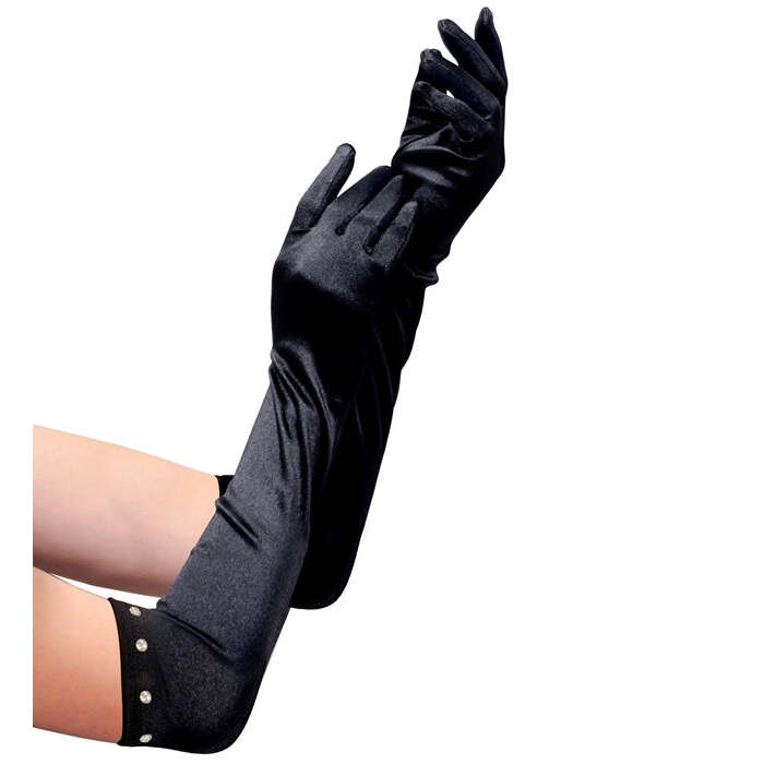 Black Long Satin Gloves With Strass Trim Child Size