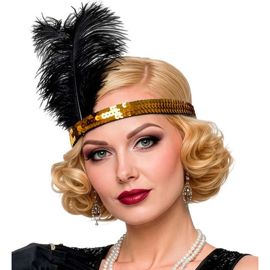 Gold Sequin Headband With 2 Feathers 25 Cm