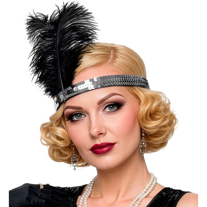 Silver Sequin Headband With 2 Feathers 25 Cm