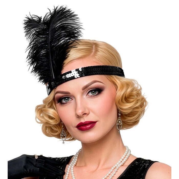 Black Sequin Headband With 2 Feathers 25 Cm