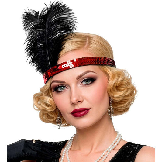 Red Sequin Headband With 2 Feathers 25 Cm