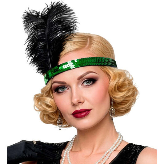 Green Sequin Headband With 2 Feathers 25 Cm