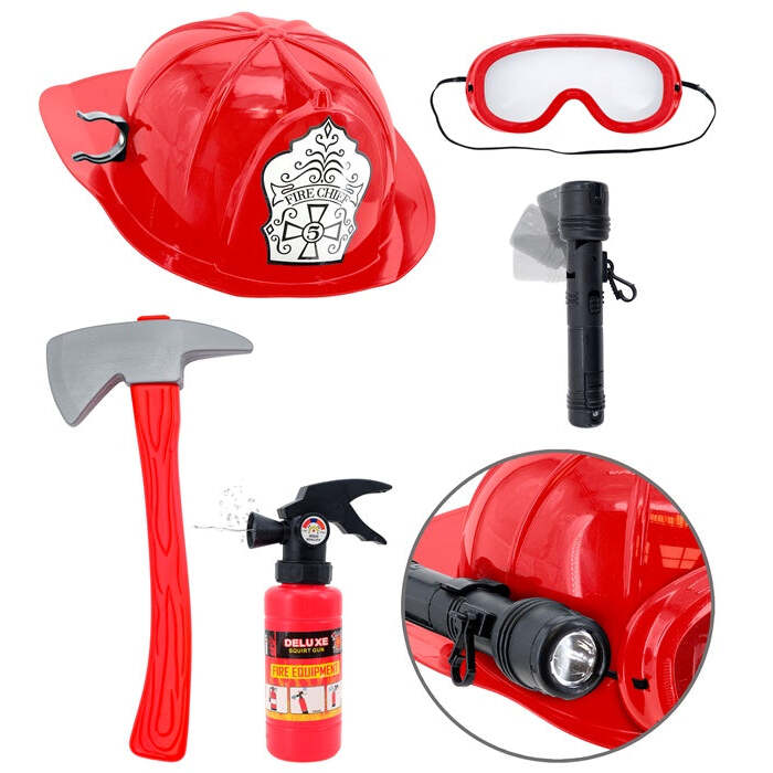 Firefighter Set  Helmet With Tactical Goggles & Torch, Axe, Fire Extinguisher   