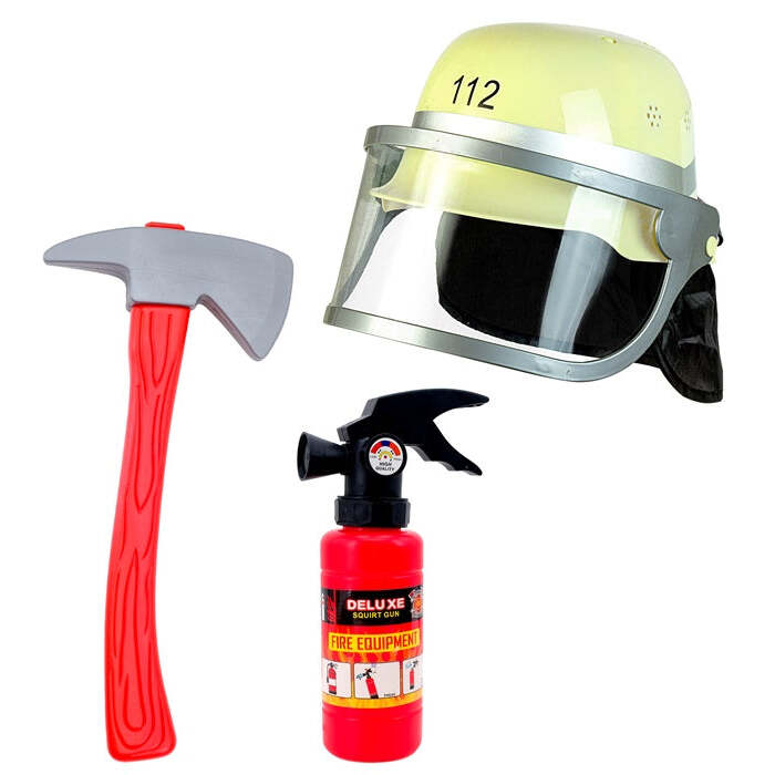 Firefighter Set  Helmet, Axe, Fire Extinguisher   