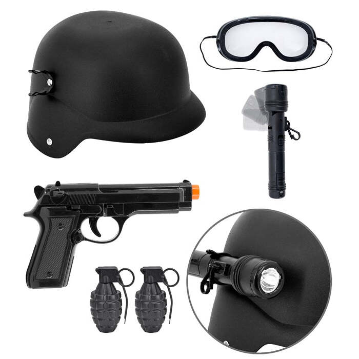 S.W.A.T. Set  Helmet With Tactical Goggles &amp; Torch, Gun, 2 Grenades   