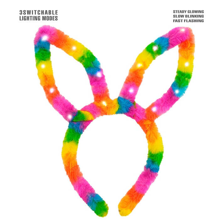 Light-Up Rainbow Bunny Ears With Steady, Slow &amp; Fast Flashing Light Modes