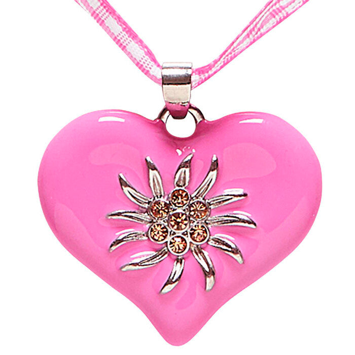 Pink-White Checkered Ribbon Necklace With Strass Edelweiss Heart
