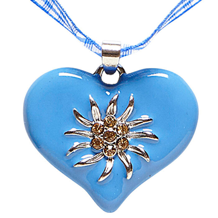 Azure-White Checkered Ribbon Necklace With Strass Edelweiss Heart