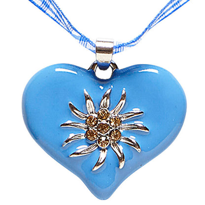 Azure-White Checkered Ribbon Necklace With Strass Edelweiss Heart