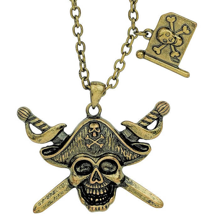 Pirate Captain Skull & Cross Swords Necklace With Pirate Flag