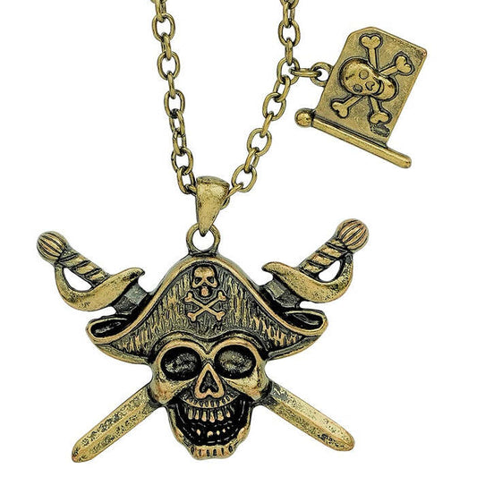 Pirate Captain Skull & Cross Swords Necklace With Pirate Flag