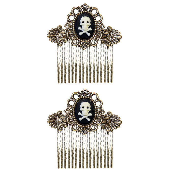 Pair Of Antiquated Gold Skull & Cross Bones Hair Combs