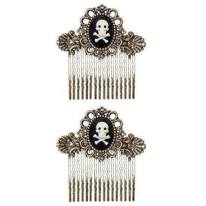 Pair Of Antiquated Gold Skull & Cross Bones Hair Combs