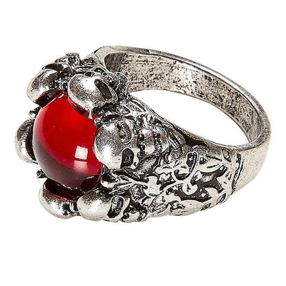 Skulls Ring With Red Gem