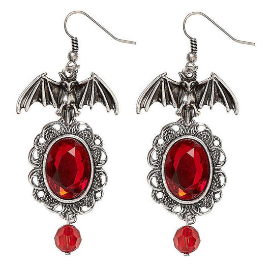 Pair Of Bat Earrings With Red Gems