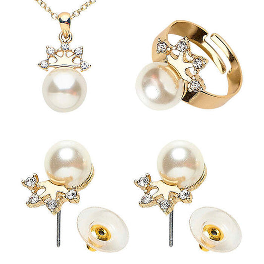Gold Strass Crown Pearl Necklace, Earrings & Ring