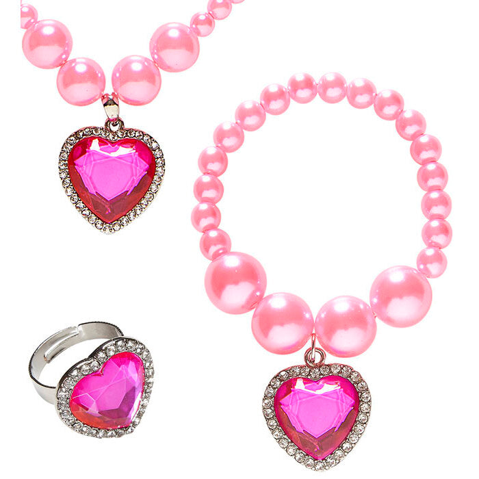 Pink Beaded Strass Gem Heart Necklace, Bracelet & Ring