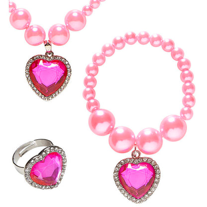 Pink Beaded Strass Gem Heart Necklace, Bracelet & Ring