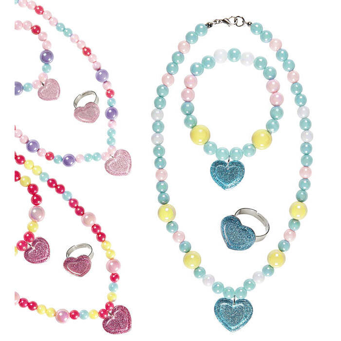 Heart Beaded Necklace, Bracelet & Ring 3 Colors Ass.