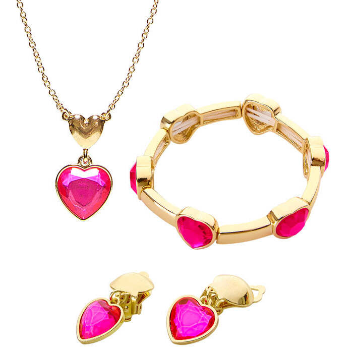 Gold Pink Gem Heart Necklace, Earrings & Bracelet