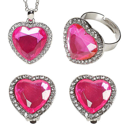 Strass Pink Gem Heart Necklace, Earrings & Ring