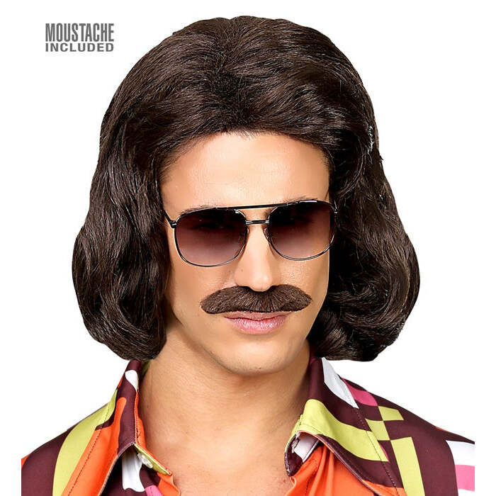 Brown 70S Dandy Wig & Moustache In Box