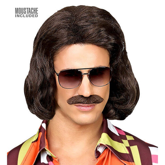 Brown 70S Dandy Wig & Moustache In Box