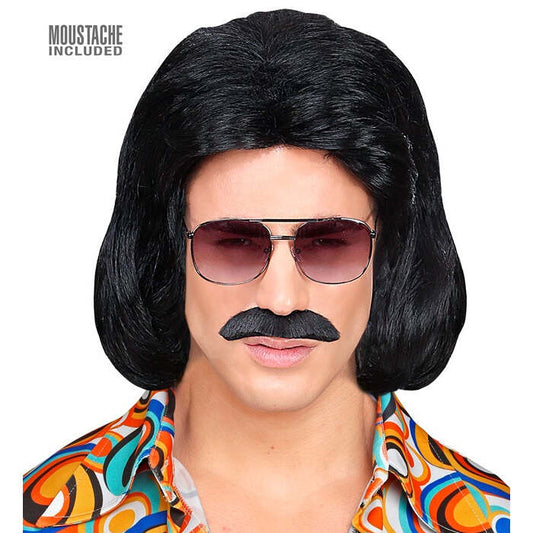 Black 70S Dandy Wig & Moustache In Box