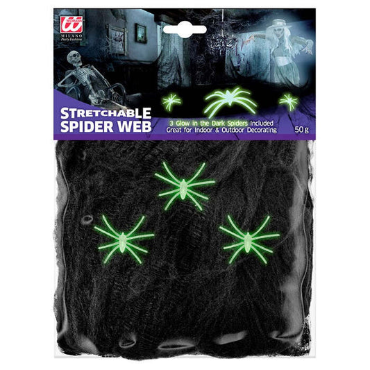 50 G Black Spiderweb With 3 Glow In The Dark Spiders