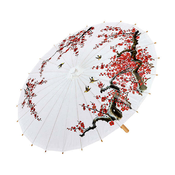 Decorated White Rice Paper Oriental Parasol With Wooden Structure Ø 84 Cm