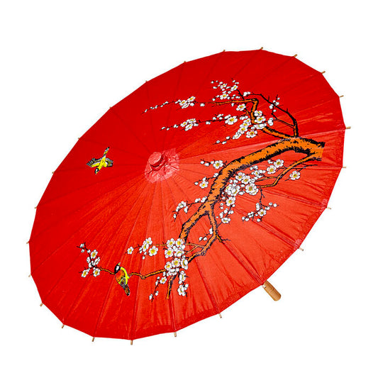 Decorated Red Rice Paper Orientalparasol With Wooden Structure Ø 84 Cm