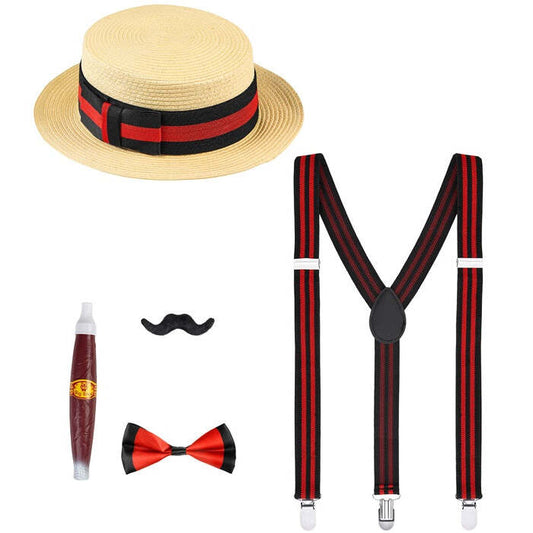 The Roaring 20S Fashion  Boater Hat, Braces, Bow Tie, Moustache, Cigar 