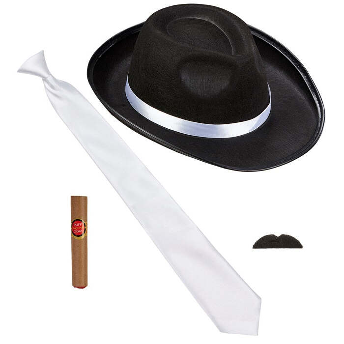 The Roaring 20S Fashion  Hat, Tie, Moustache, Cigar 