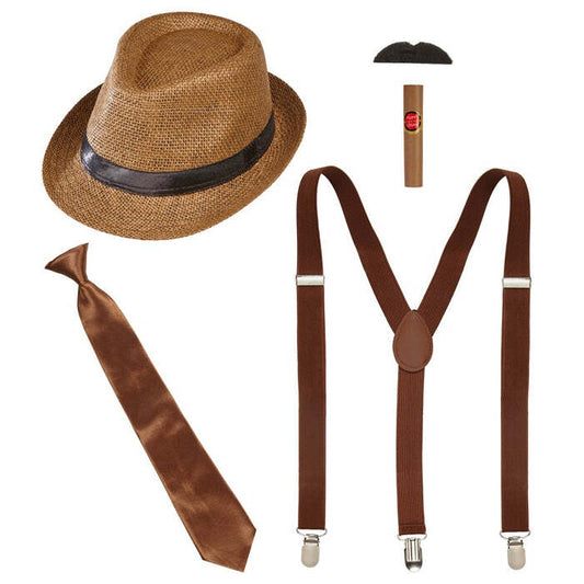The Roaring 20S Fashion  Hat, Braces, Tie, Moustache, Cigar 