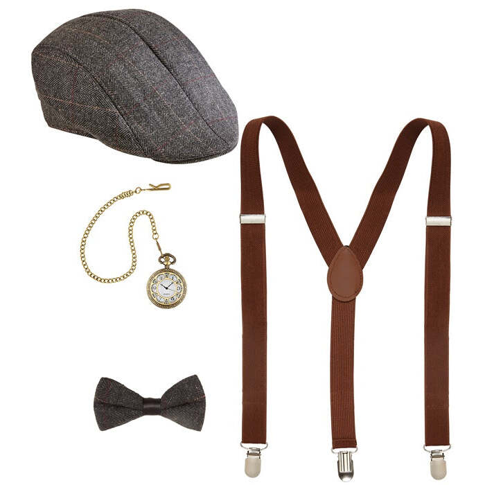 The Roaring 20S Fashion  Flat Hat, Braces, Bow Tie, Pocket Watch 