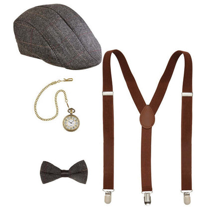 The Roaring 20S Fashion  Flat Hat, Braces, Bow Tie, Pocket Watch 