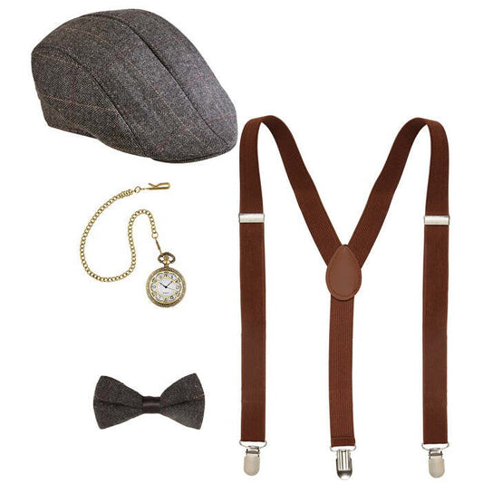 The Roaring 20S Fashion  Flat Hat, Braces, Bow Tie, Pocket Watch 