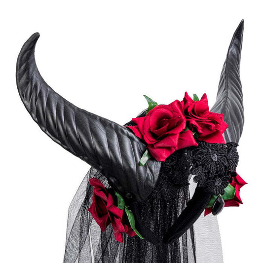 Bridal Veil With Horns, Roses, Lace And Black Gem
