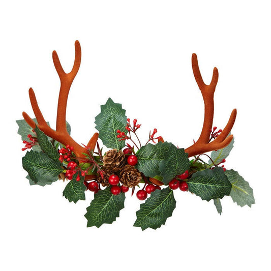 Reindeer Horns With Holly And Pine Cones