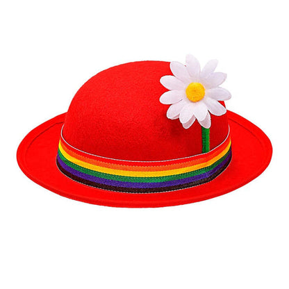 Felt Red Bowler Hat With Multicolor Band & Flower