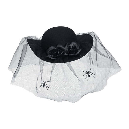Felt Black Widow Hat With Roses, Veil & Spiders