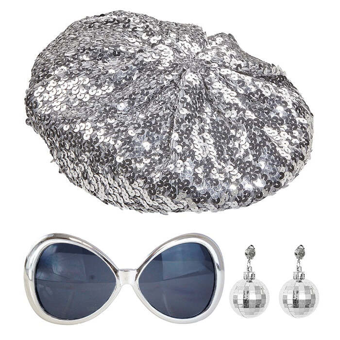 Disco Babe  Sequin Beret,  Glasses, Disco Ball Earrings 