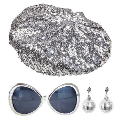 Disco Babe  Sequin Beret,  Glasses, Disco Ball Earrings 