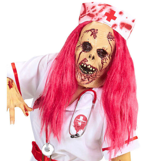 Zombie Nurse Half Face Mask With Wig & Headpiece
