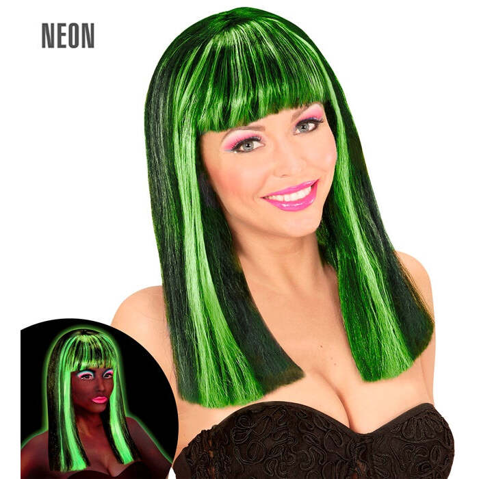 Neon Green Streaked Black Patsy Wig In Polybag