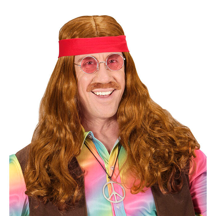 Hippie Wig With Red Headband & Moustache In Polybag