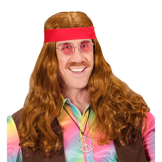 Hippie Wig With Red Headband & Moustache In Polybag