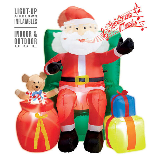 Light-Up Airblown Inflatable Santa Claus Seated On Sofa With Presents Animated Head & Music  122 Cm